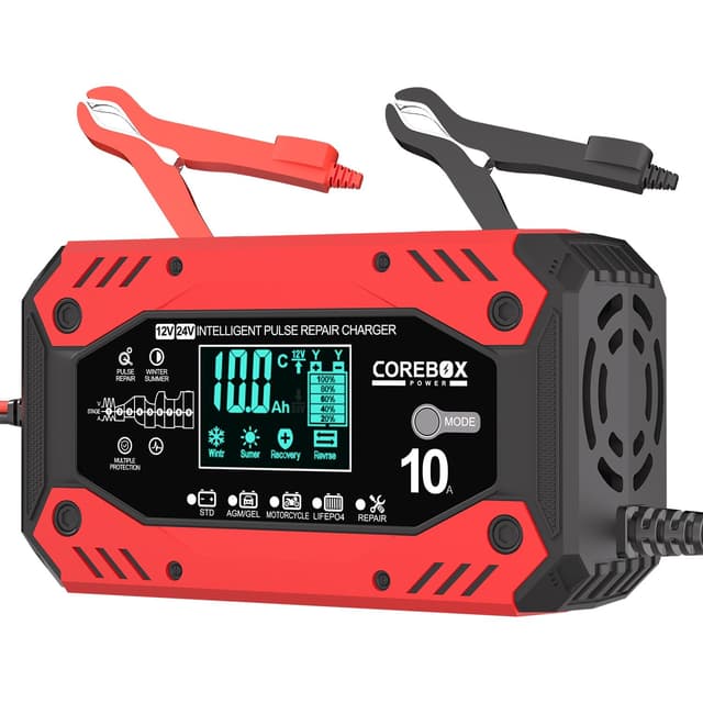Battery Charger 10-Amp 12V/24V Smart Trickle Charger for Car - Battery Maintainer Trickle Charger, and Automotive Battery Charger with Temperature Compensation for Car Truck Motorcycle Lawn Mower