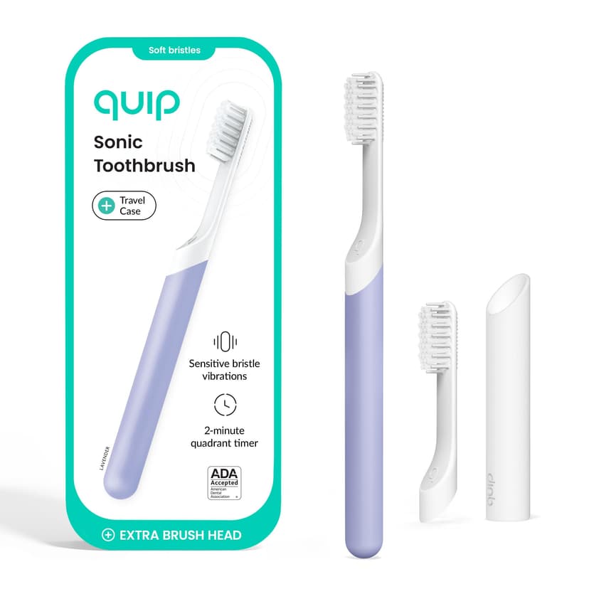 quip Sonic Toothbrush for Adults with Timer - Includes Extra Brush Head and Travel Cover Mount - Electric, Soft Bristle Refill Head, Plastic Handle, 3 Month Battery Life - Travel Toothbrush - Lavender