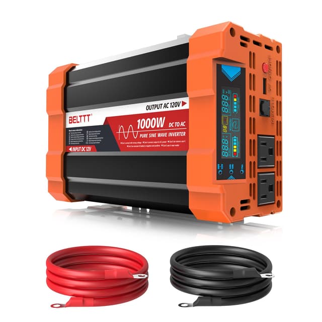 BELTTT 1000Watt Pure Sine Wave Inverter 12V DC to 120V AC for RV, Truck, Off-Grid Solar Car Power Inverter 12V to 110V Converter with Dual AC Socket and 5V 2.1A USB, Intelligent LCD, 2000W Peak