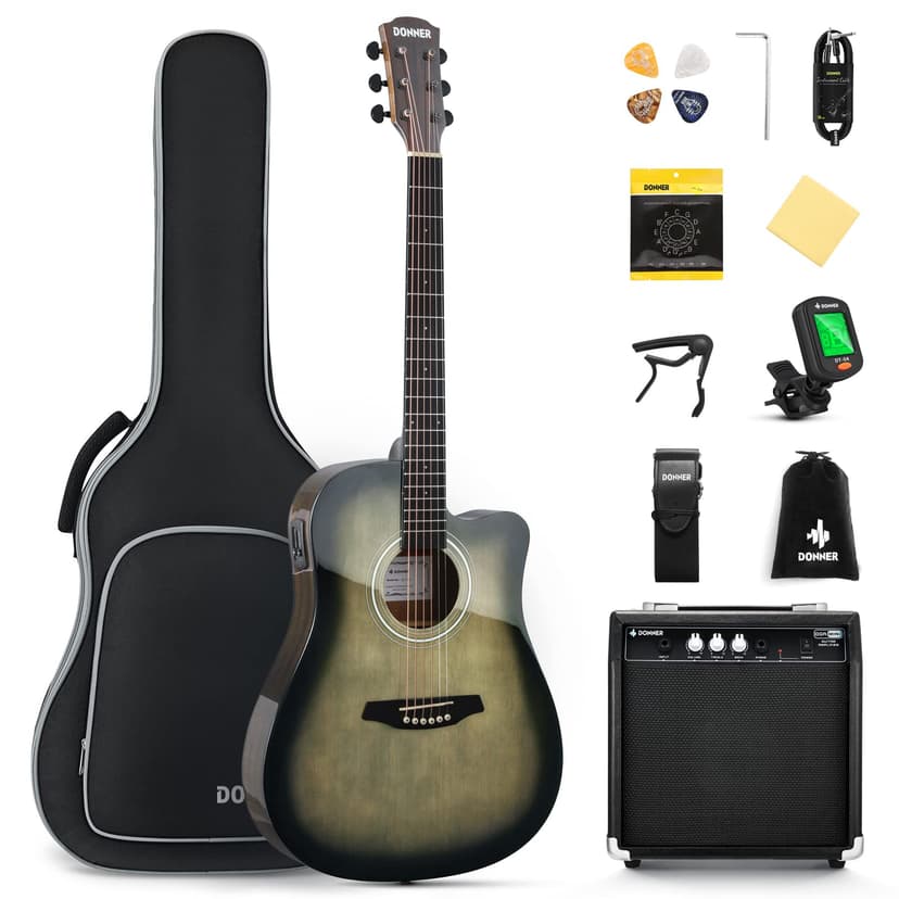 Donner Acoustic Electric Guitar Full Size Kit for Beginner Intermediate with Amplifier Capo Pick Tuner Strings Strap - 41 Inch