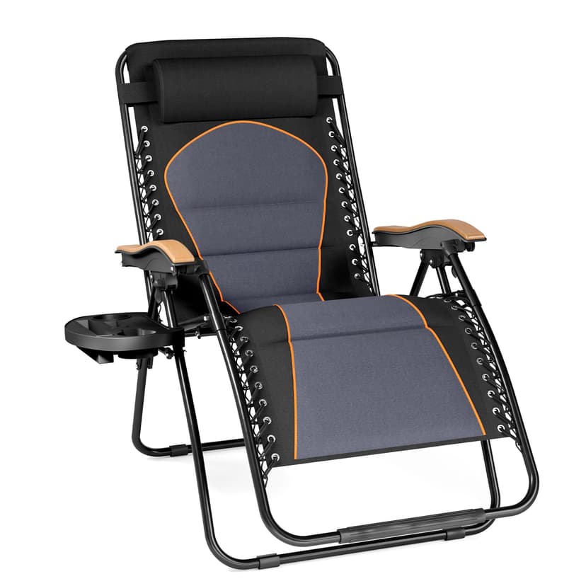 PHI VILLA XXL Oversized Padded Zero Gravity Chair, Foldable Patio Recliner, 30" Wide Seat Anti Gravity Lounger with Cup Holder, Support 400 LBS (Black & Orange Accents)
