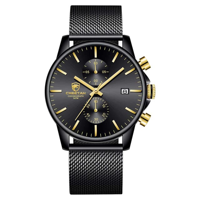 Men’s Watch Fashion Sport Quartz Analog Mesh Stainless Steel Waterproof Chronograph Watches, Auto Date in Gold Hands, Color: Black