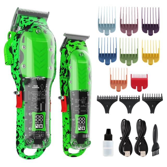 Tuanchuanrp Professional Hair Clippers for Men, Cordless Barber kit for Hair Cutting & Grooming, Hair Clippers and Trimmer Set for Barber Haircut with LED Display, 8 Fade Taper Combs(Green Set)