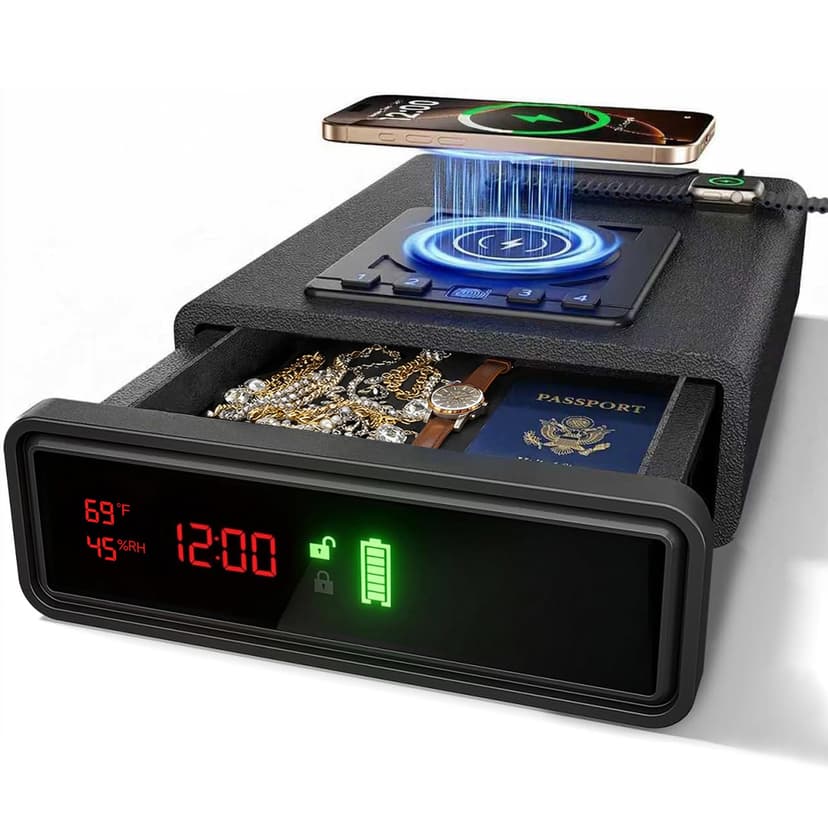 Biometric Fingerprint Gun Safe with Phone & Watch Wireless Charging, 3 Quick Access, Clock Handgun Safe with Adjustable Brightness, Backlit Keypad, Pistol safe for home, office, family