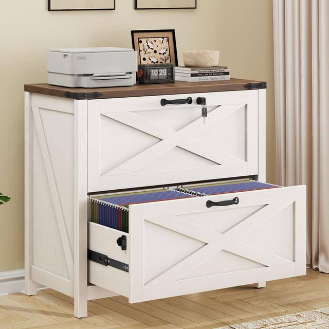 Lateral File Cabinet with 2 Large Drawers, Farmhouse File Cabinet with Lock for Letter/Legal/A4 Size Hanging Files, Wood File Storage Cabinets Printer Stand for Home Office Cabinets, White and Brown