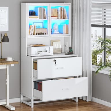 SEDETA 2 Drawer File Cabinet with Lock, Charging Station and Bookshelf, Filing Cabinet Fits Letter, Legal, A4 Size, Wood File Cabinets for Home Office, Printer Stand with Storage Shelf, White