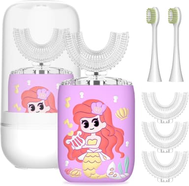 yeklike Kids u Shaped Toothbrush Electric 2-4-6-8-12 Years Old Girls, 6 Brush Heads, 5 Sonic Cleaning Modes, Mermaid Rechargeable Fully Automatic-Baby Toddler Travel Essentials (Purple Ages 7-15)