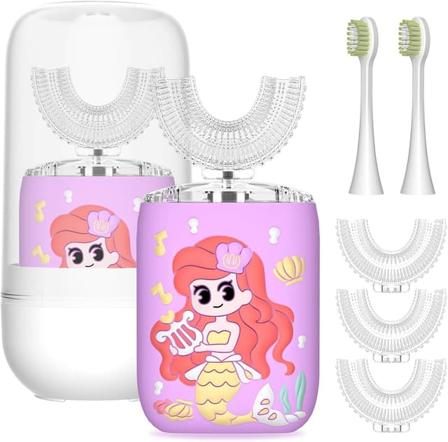 yeklike Kids u Shaped Toothbrush Electric 2-4-6-8-12 Years Old Girls, 6 Brush Heads, 5 Sonic Cleaning Modes, Mermaid Rechargeable Fully Automatic-Baby Toddler Travel Essentials (Purple Ages 7-15)
