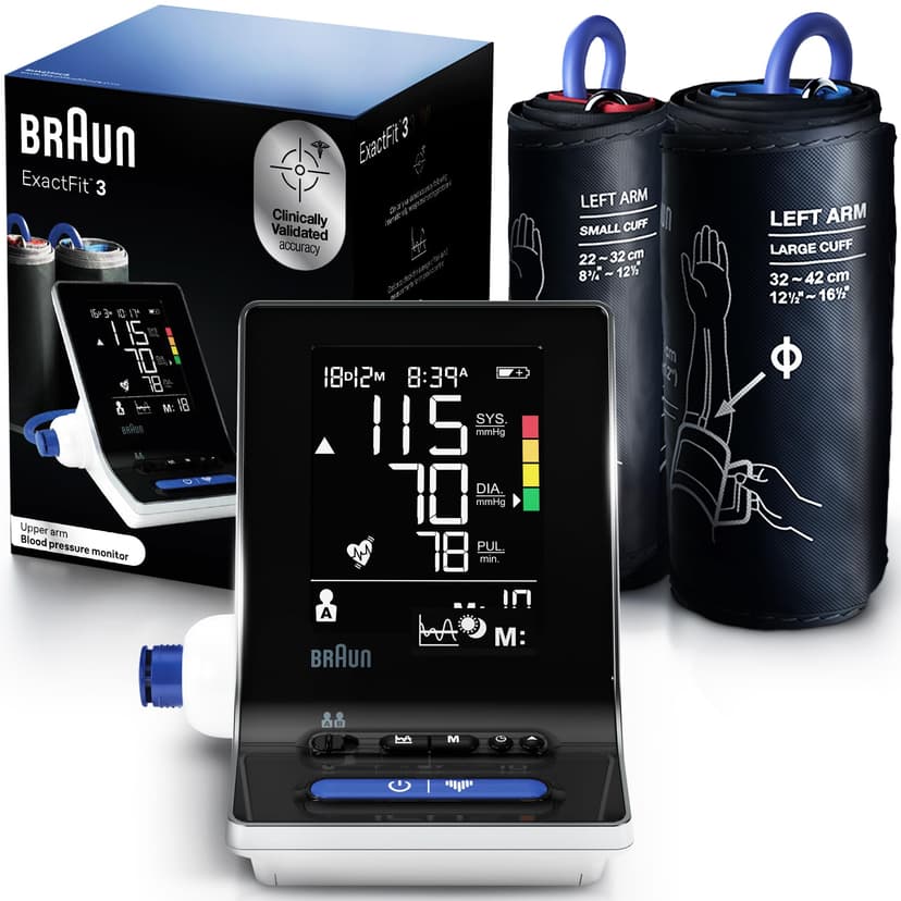 Braun ExactFit 3 Blood Pressure Monitor for Home Use, Blood Pressure Machine, Color-Coded, High BP Monitor, 2 Upper Arm Cuff Sizes, 80 Memory Slots