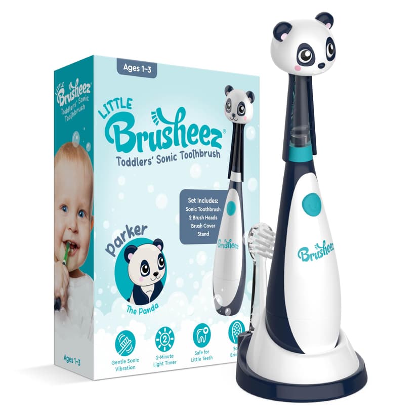 Brusheez Little Toddlers’ Sonic Toothbrush - Safe & Gentle Toothbrush for Ages 1-3 with Built-in, Light-Up 2-Minute Timer, Extra Brush Head, & Storage Base for First-Time Brushers (Parker The Panda)
