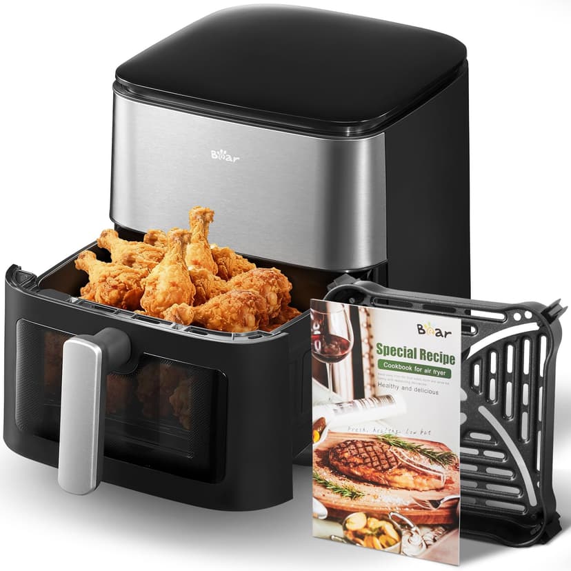 Bear 6.3QT Air Fryer with Smart Color Touchscreen, 4D Turbo Crisp Technology, See-Through Window & Steam Function for Juicy Results, 1600W, Dishwasher Safe Basket