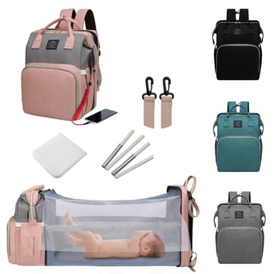 ANWTOTU Baby Diaper Bags with Changing Station,Waterproof Diaper Bag Backpack for Moms Dads with USB Charging Port,Large Capacity Multifunctional Baby Essentials(Pink-Grey)