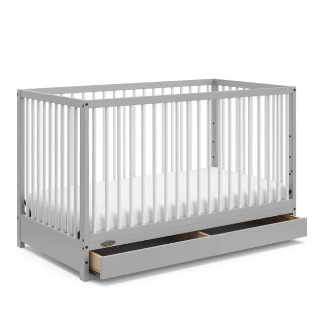 Graco Teddi 5-in-1 Convertible Crib with Drawer (Pebble Gray with White) – GREENGUARD Gold Certified, Crib with Drawer Combo, Full-Size Nursery Storage Drawer, Converts to Toddler Bed