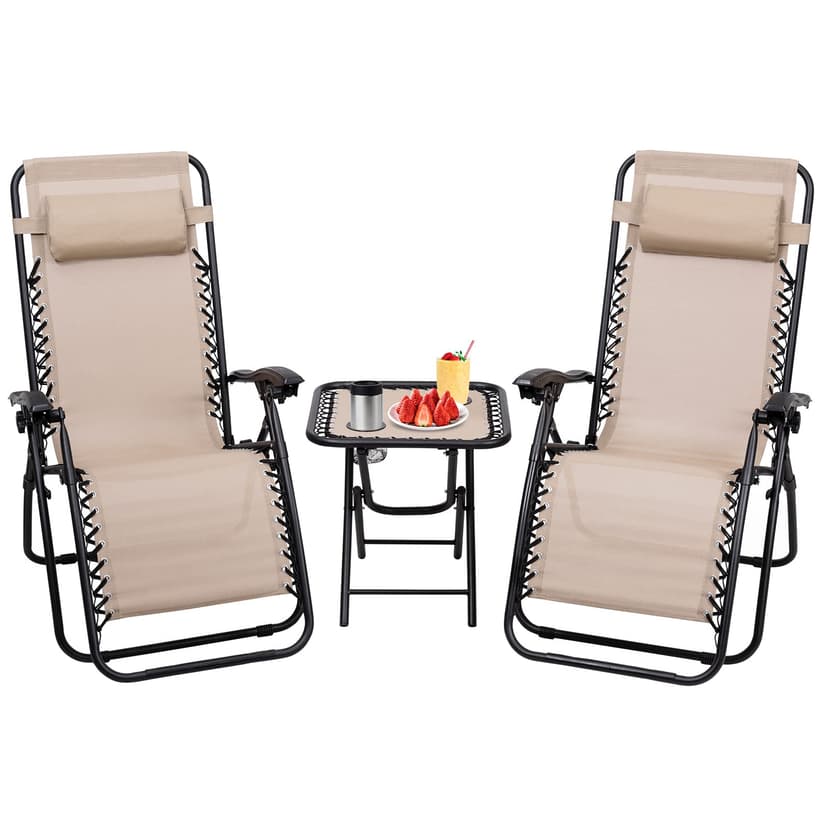 S AFSTAR Zero Gravity Chairs Set of 2, 3 PCS Folding Zero Gravity Lawn Chair Set with Side Table Cup Holders & Adjustable Headrest, Reclining Patio Chairs, Zero Gravity Lounger for Patio Poolside