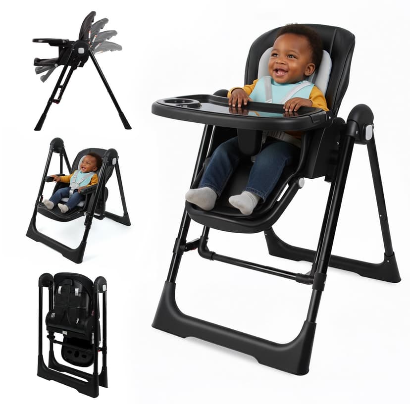 High Chairs for Babies and Toddlers Foldable High Chair Adjustable with Reclining Seat & Leg Rest, 3-in-1 Convertible Baby Rocker with Tool-Free Assembly (Black)