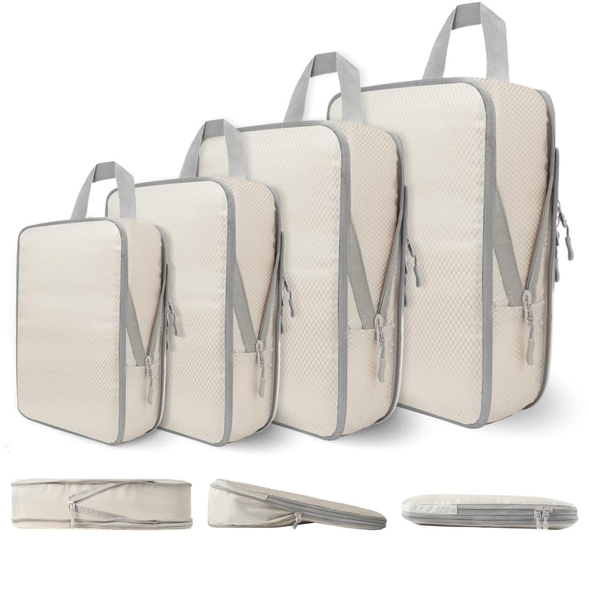 Compression Packing Cubes for Travel, 4 Set Expandable Packing Organizers, Lightweight Luggage Organizer Bags, Travel Essentials for Carry on, Handy Helper for Organizing Clothes, Off-White