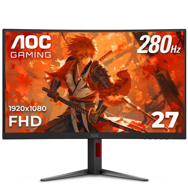 AOC C27G4ZH 27" Curved Frameless Ultra-Fast Gaming Monitor, FHD 1080p, 0.3ms HDMI 240Hz/DP 280Hz, 1500R, AMD FreeSync, HDR, Height Adjustable, 3-Year Zero Dead Pixel Guarantee