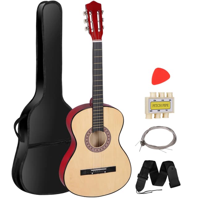 38 Inch Beginner Acoustic Guitar, 6-String Guitar Starter Kit for Starters with Gig Bag, Strings, Strap, Pitch Pipe and Pick, Natural