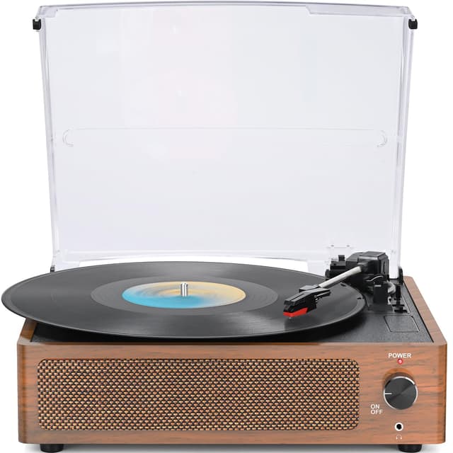 WOCKODER Vintage Record Players for Vinyl with Speakers Belt-Driven Retro Turntable LP Player Support 3-Speed, Bluetooth Playback, AUX-in, Headphone, RCA All-in-one Auto Stop Phonograph Wooden Brown