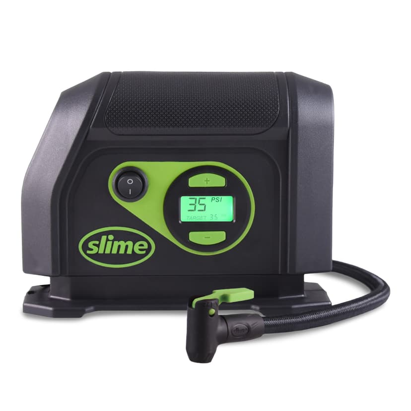Slime 40088 Tire Inflator, Portable Car Air Compressor, Inflate Right automatic shut off, with Digital 99 psi Display, Long Hose and LED Light, 12V, 6 min inflation