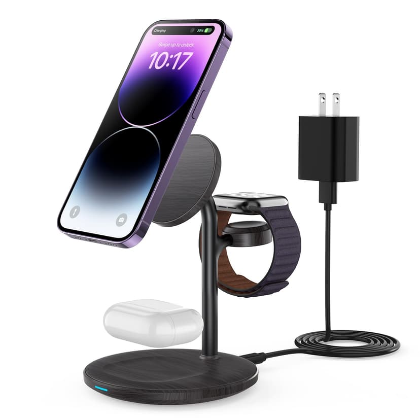 XooFly 3 in 1 Wireless Charging Station for Apple Devices, Fast Wireless Mag-Safe Charger Stand with 20W Adapter for iPhone 17/16 15 14 13 12 Pro Max/Pro/Plus/Air/Mini,iWatch,AirPods(Black Wood Grain)