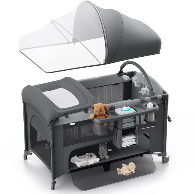 Obee Odee 4 in 1 Baby Bassinet, Pack and Play, Bedside Crib Sleeper, Diaper Changer - Comes with Mattress, Mosquito Net, Bottom Storage and Toy Bar for Newborn to Toddles