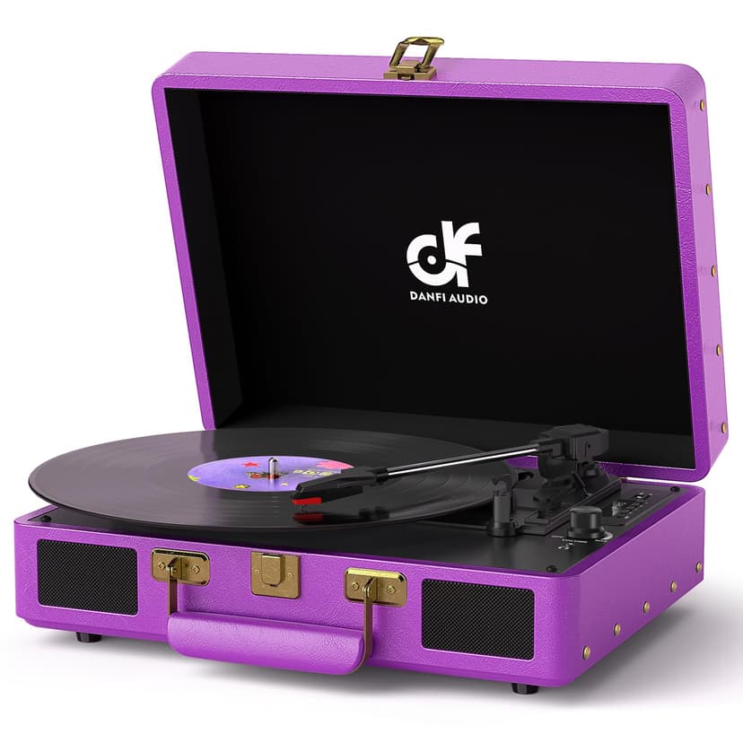 Vintage Bluetooth Suitcase Record Player with Built-in Speakers, 3 Speed Portable Turntable with USB Vinyl Audio Recorder RCA AUX-in & Headphone Jack, Deep Purple
