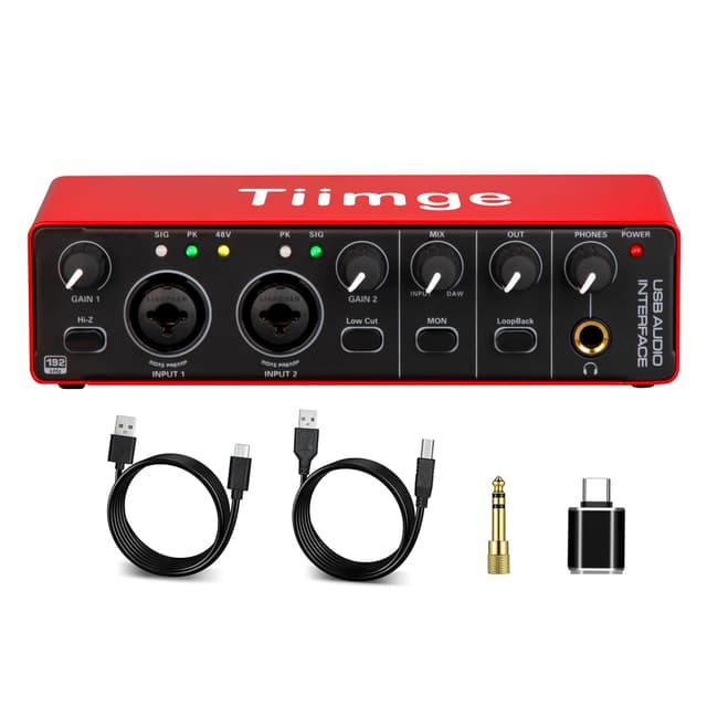 Tiimge 2x2 USB Audio Interface for PC, with 48V Phantom Power, 24Bit/192kHz High-Fidelity, Mic Preamplifier XLR/TSR/TS Ports, Compatible for Guitarist, Vocalist, Podcaster or Producer