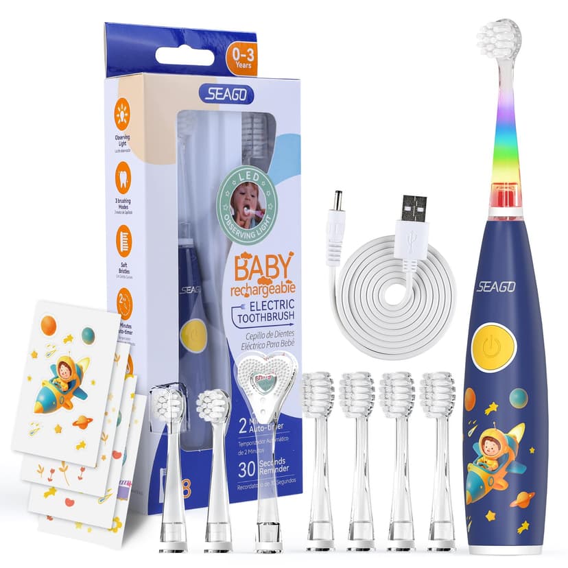 SEAGO Kids Electric Toothbrush Rechargeable with Smart Timer, LED Observing Light & DIY Stickers for Toddlers Ages 2-4, Soft Bristles for Oral Care, USB Charging (Blue)
