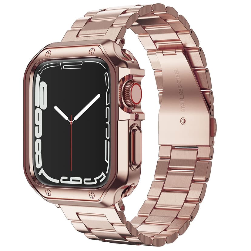 Compatible with Apple Watch Band and Case, Stainless Steel Metal Chain with TPU Cover, Smart-Watch Link Bracelet Strap, Wrist-Band for i-Watch Series 10 11, 46mm, Rose-Gold