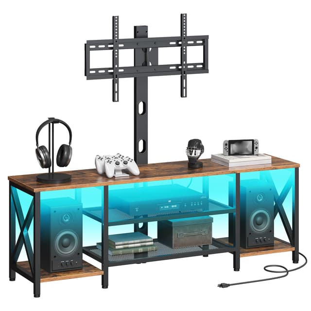 HOOBRO TV Stand with Mount and Power Outlet, LED Entertainment Center with Swivel Mount for 32/45/55/60/65/70/75 inch TVs, 3-Tier Storage Shelf for Living Room, Bedroom, Rustic Brown BF46UDDS01