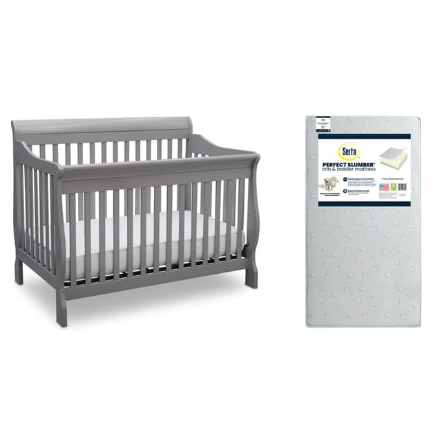 Delta Children Canton 4-in-1 Convertible Crib, Grey + Serta Perfect Slumber Dual Sided Recycled Fiber Core Crib and Toddler Mattress (Bundle)