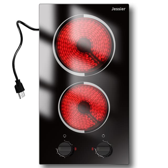 Jessier 2 Burner Electric Cooktop - 12 Inch Plug in Portable 110V Electric Cook Top Two Burner, Built-in & Countertop Ceramic Stove Top with Knob Control, 9 Power Levels and Overheat Protection