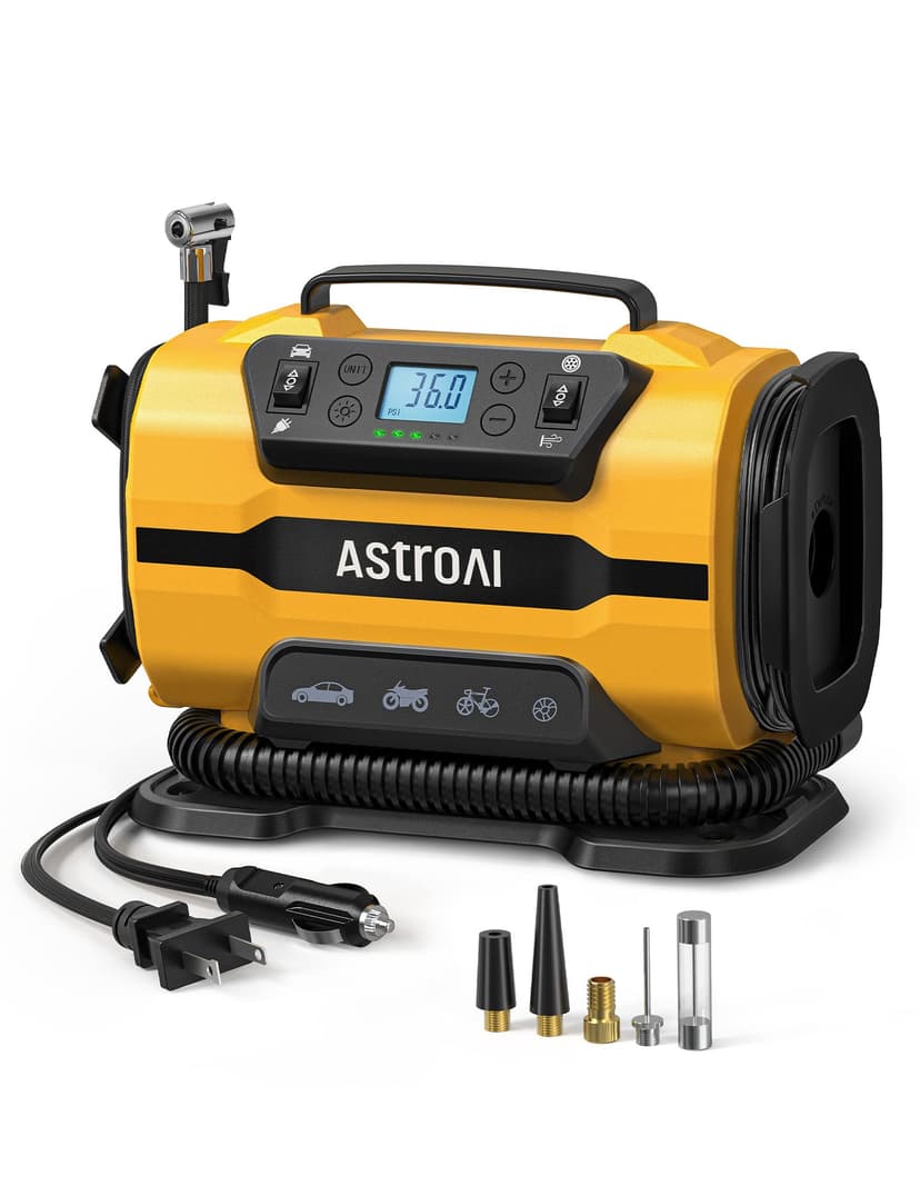 AstroAI Tire Inflator Portable Air Compressor Pump 150PSI 12V DC/110V AC with Dual Metal Motors&LED Light, Automotive Car Accessories&Two Modes for Car, Bicycle Tires and Air Mattresses, Yellow