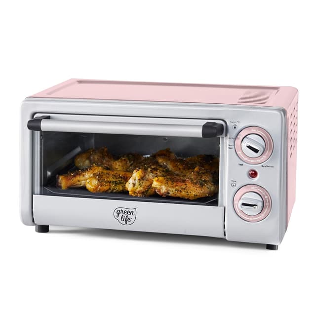 GreenLife Countertop Toaster Oven Air Fryer Stainless Steel, Healthy Ceramic Nonstick, PFAS Free, Tray & Basket, Bake, Broil, Reheat, Adjustable Temp & Time Control, Auto Shutoff, Pink