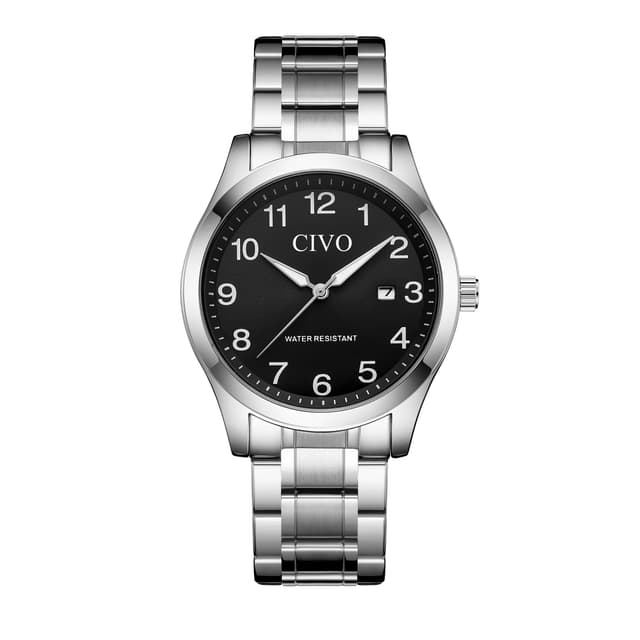 CIVO Easy Read Watches for Men: Waterproof Watch with Clear Black Dial Silver Stainless Steel - Analog Quartz Watch Luminous Hands Date for Office Workers Seniors Poor Eyesight - Gifts for Him