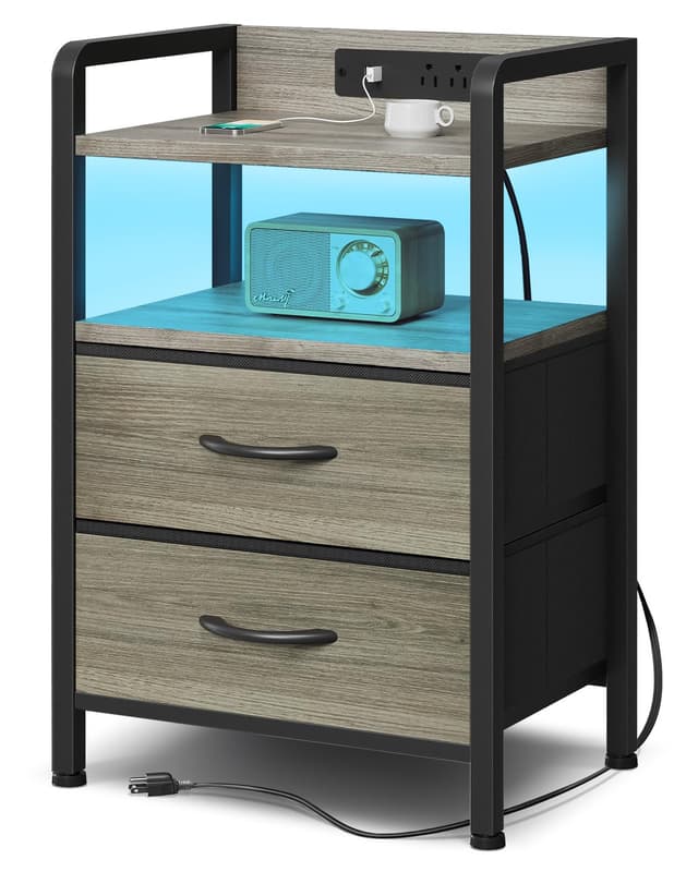 Lazzanto Night Stand Bedside Charger Bedroom - Grey Nightstand with Charging Station & LED Light Strip, Morden End Table with USB Ports & AC Outlets, Night Stand with Storage Shelf & 2 Fabric Drawers