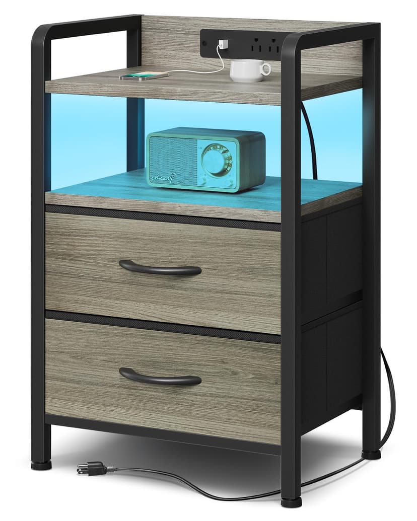 Lazzanto Night Stand Bedside Charger Bedroom - Grey Nightstand with Charging Station & LED Light Strip, Morden End Table with USB Ports & AC Outlets, Night Stand with Storage Shelf & 2 Fabric Drawers