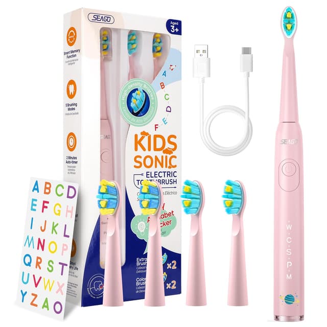 SEAGO Kids Electric Toothbrush, Sonic Soft Bristle Rechargeable Toothbrushes with DIY Stickers, 5 Modes, Includes 4 Replacement Brush Heads, Ages 3 to 12 Years Old (Pink)