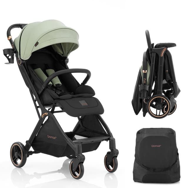 Gromast Gravity Folding Baby Stroller - Portable Travel Toddler Stroller w/Adjustable Backrest, Canopy & Cup Holder, Lightweight and UV Protected, One-Hand Automatic Folding - Green