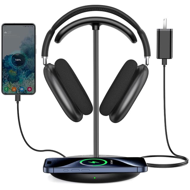 Miroddi Headphone Stand with Wireless Charger, Independent USB Charging Port, 5 in 1 Charging Station Headset Holder Rack for AirPods Max/Pro/4/3/2, iWatch, iPhone, Samsung and Desk Headphones, Black