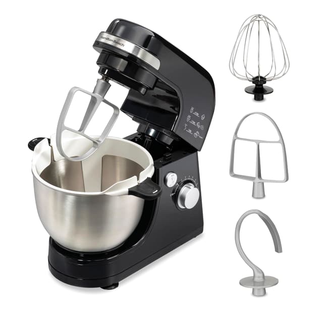 Hamilton Beach Electric Stand Mixer, 4 Quarts, Dough Hook, Flat Beater Attachments, 7 Speeds, Whisk, Stack & Scrape Bowl Scraper, Black
