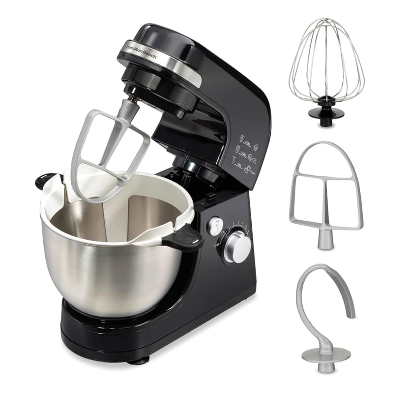 Hamilton Beach Electric Stand Mixer, 4 Quarts, Dough Hook, Flat Beater Attachments, 7 Speeds, Whisk, Stack & Scrape Bowl Scraper, Black