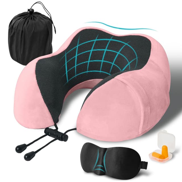 Travel Pillow, Memory Foam Neck Pillow for Traveling, U Shape Neck Pillow Airplane Portable Flight Pillow Travel Kit with 4D Contoured Eye Masks and Earplug for Plane Train Car Home Office - Pink