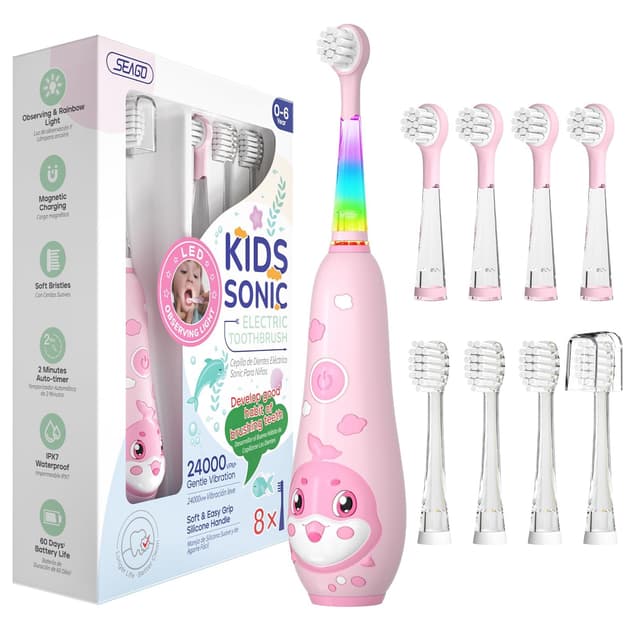 SEAGO Kids Electric Toothbrushes Rechargeable, Toddler Electric Toothbrush with Magnetic Charging, LED Observing Light, 8 Toothbrush Heads for Ages 2-4-6 Boys Girls (Pink)