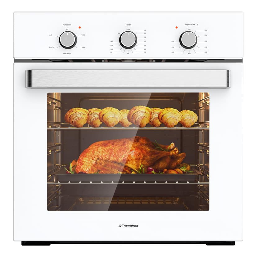 24" Single Wall Oven, ThermoMate 2.8 Cu.ft. Electric Wall Oven with 5 Cooking Functions, White Built-in Ovens with Mechanical Knobs Control, ETL Certified