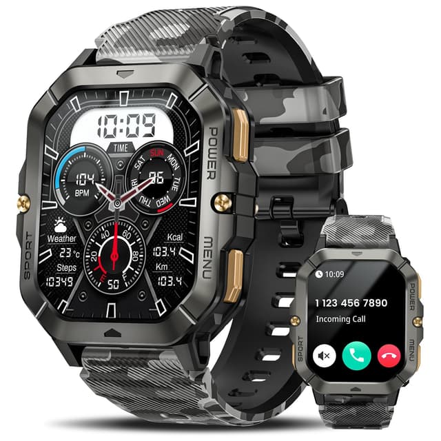 Military Smart Watches for Men (Answer/Make Calls), Watches for Men with Blood Pressure/Heart Rate/Sleep/100+ Sport Modes, 2.02'' Fitness Smart Watch, Waterproof Fitness Tracker for Android and iPhone