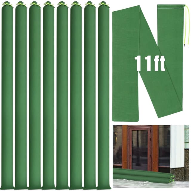 Threan 8 Pcs Long Canvas Sandbags for Flooding Sand Tube Bags Flood Protection Thickened Reusable Rain Wind Flood Barrier with Elastic Band Water Barrier Tube for Door Rain Control, Green (11ft)