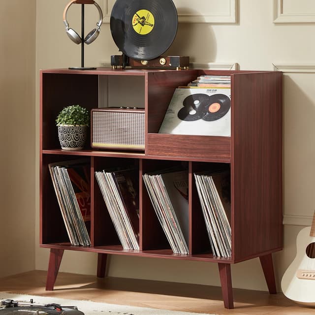 LELELINKY Large Record Player Stand, Turntable Stand with Storage, Vinyl Record Holder with Display Area, Record Player Table Holds Up to 300 Albums, Record Stand for Music Room Living Room-Walnut
