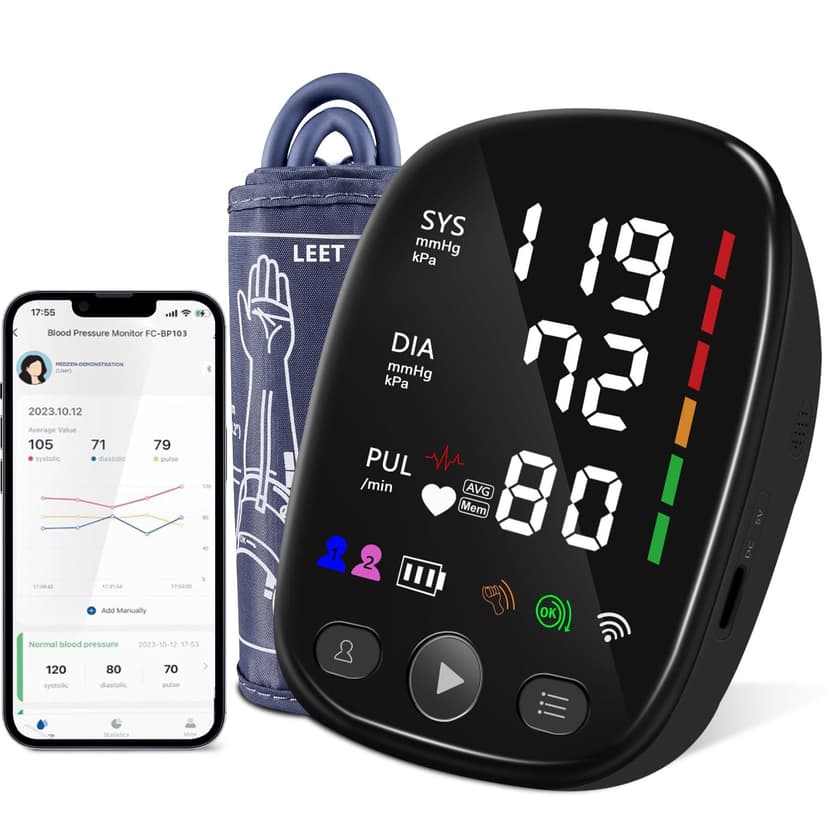 Bluetooth Automatic Blood Pressure Monitor for Home Use - with Adjustable Upper Arm Large Cuff (8.7"-17.3"), App Tracking, LED Display 2 Users 240 Sets Memory, Hypertension Detector